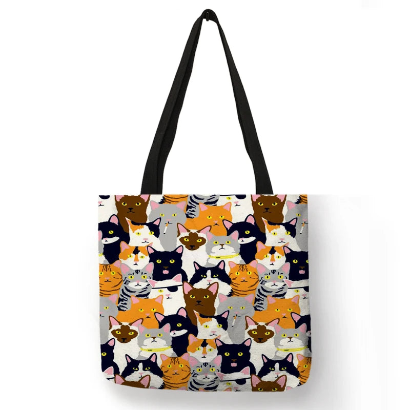 Floral Cat Linen Tote Bag
