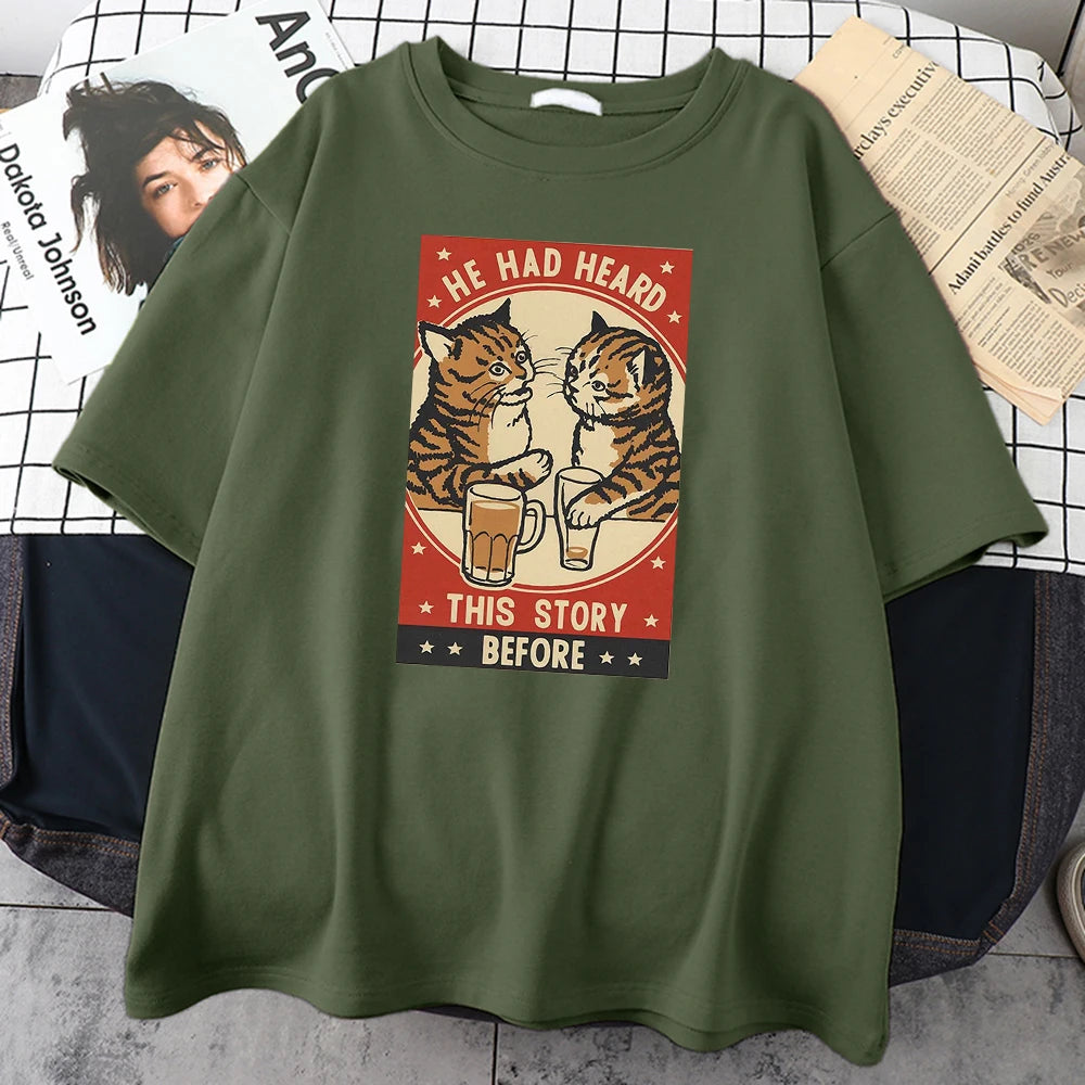 Cute Cat Beer Print T-Shirt