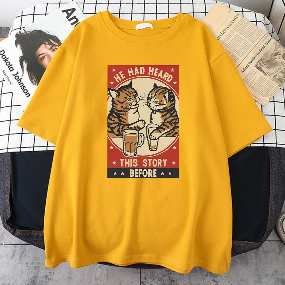 Cute Cat Beer Print T-Shirt