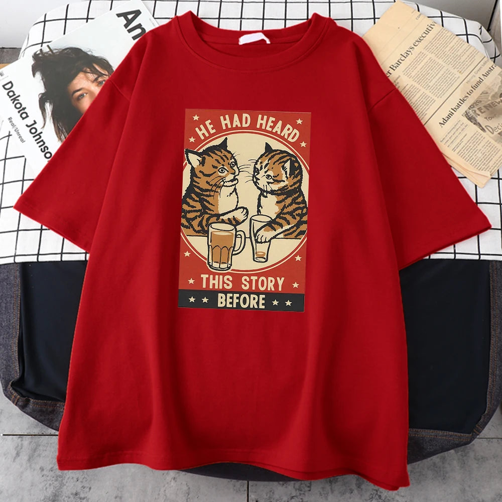 Cute Cat Beer Print T-Shirt