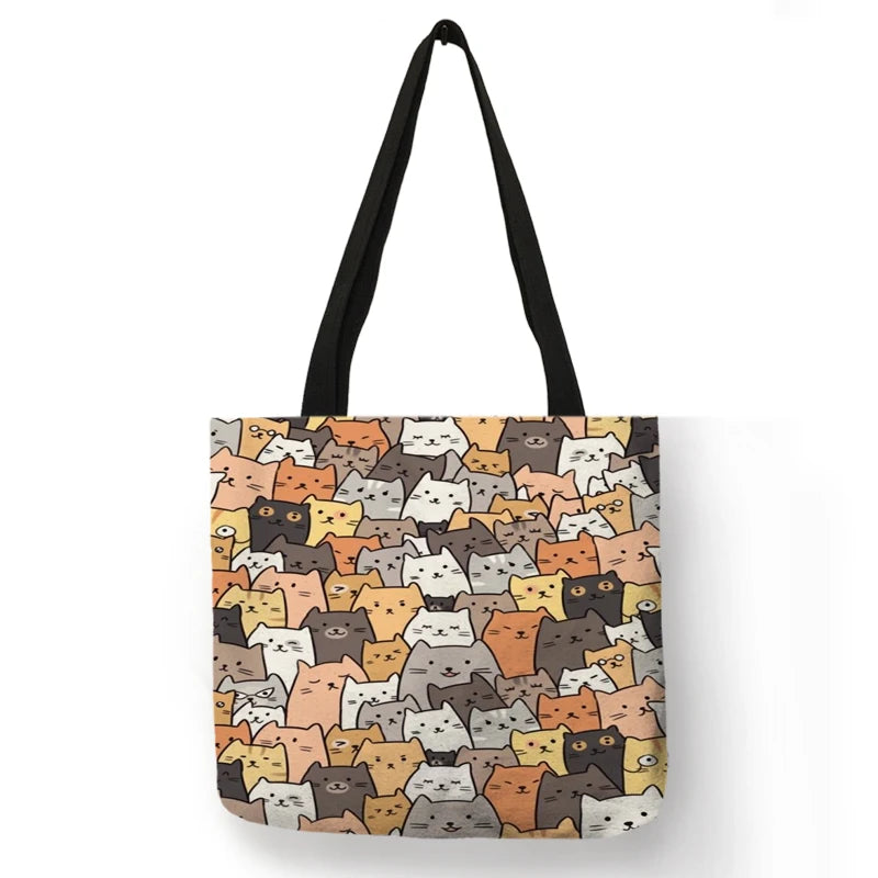 Floral Cat Linen Tote Bag