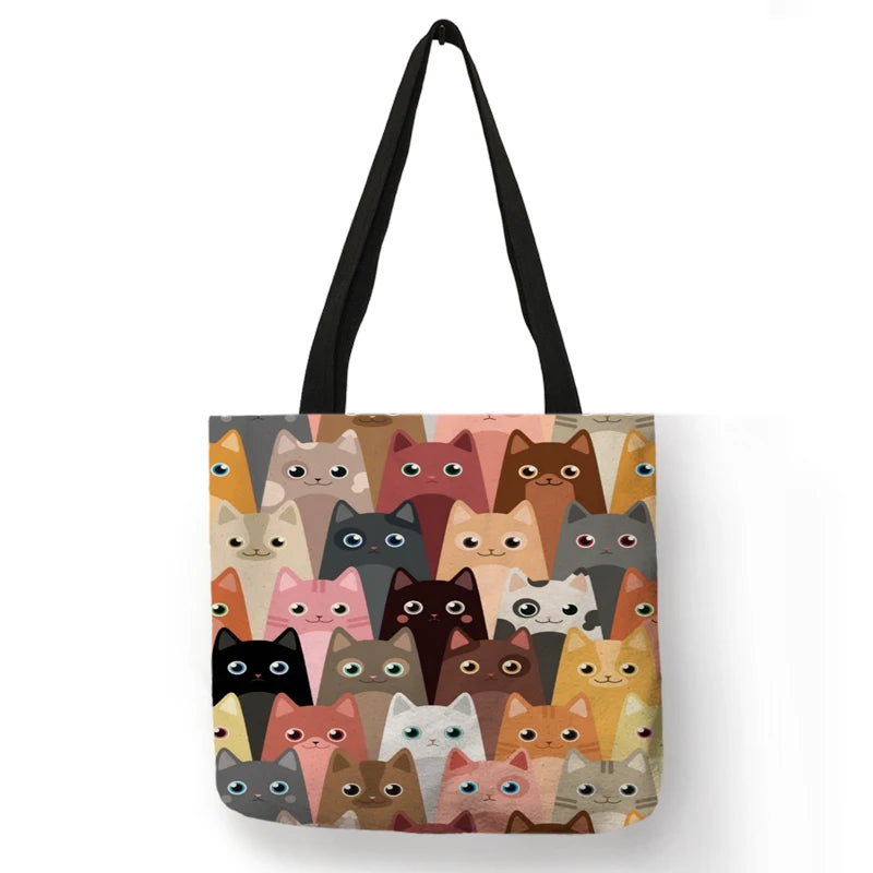 Floral Cat Linen Tote Bag