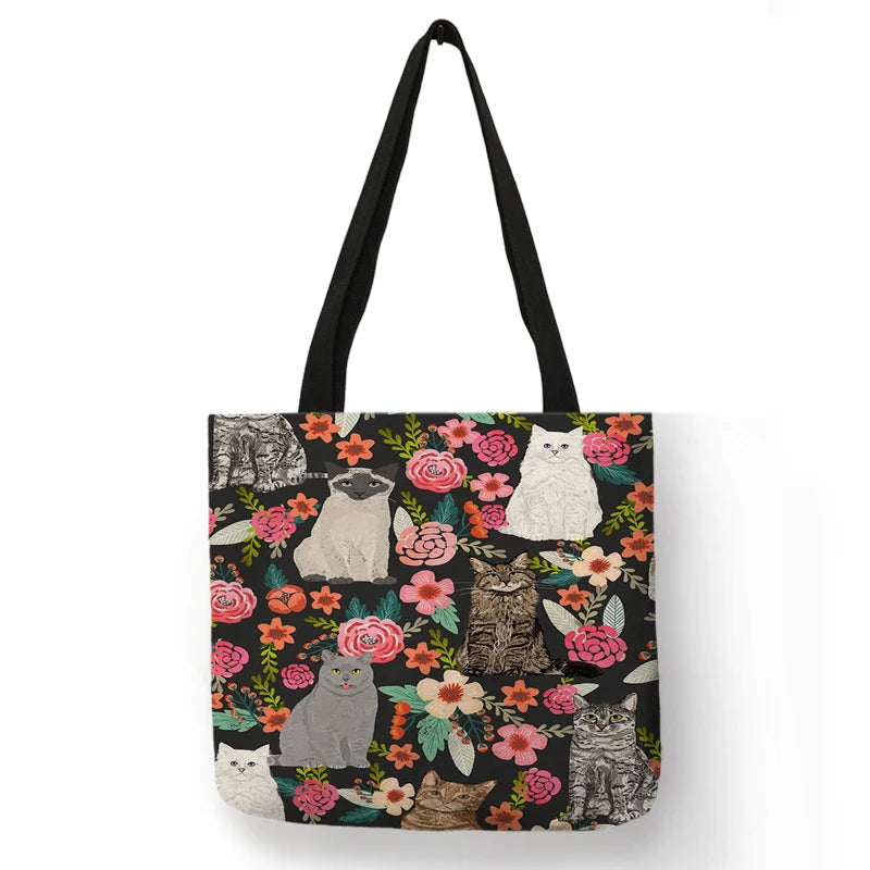 Floral Cat Linen Tote Bag