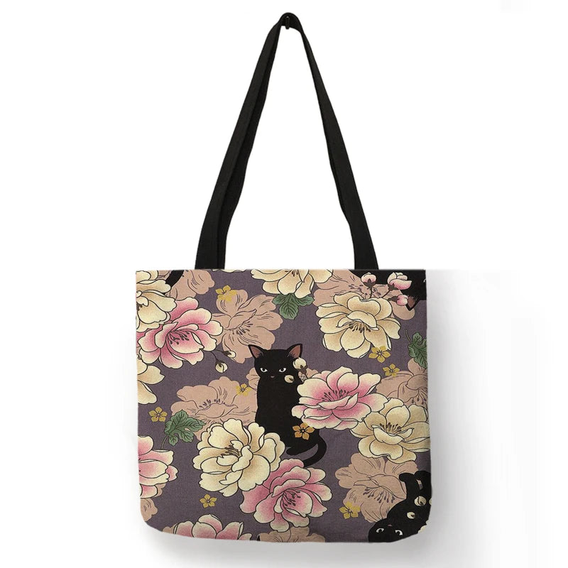 Floral Cat Linen Tote Bag