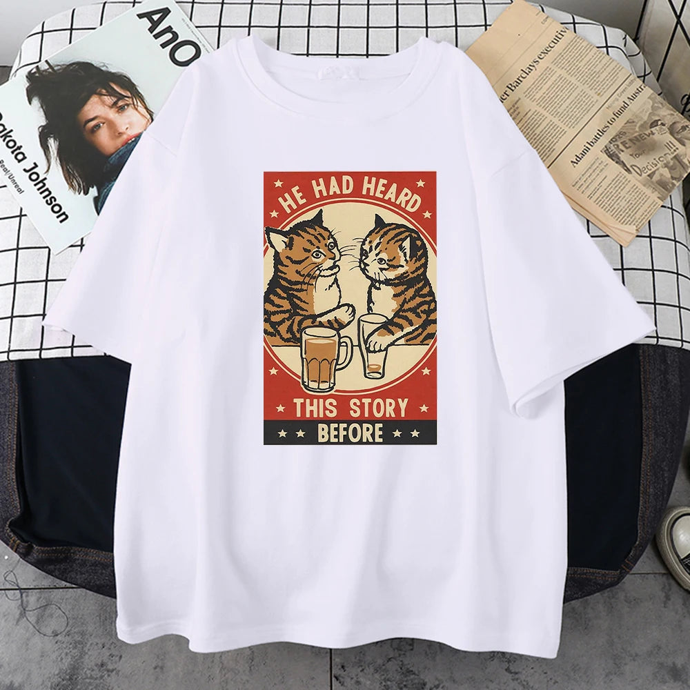 Cute Cat Beer Print T-Shirt
