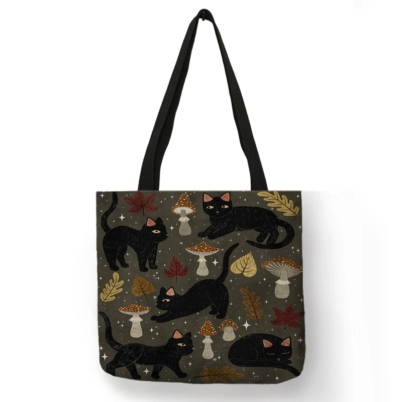 Floral Cat Linen Tote Bag