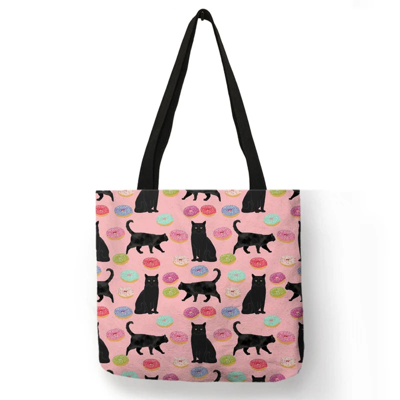 Floral Cat Linen Tote Bag