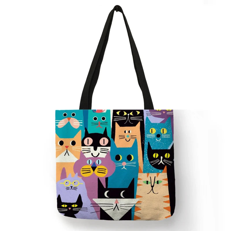 Floral Cat Linen Tote Bag