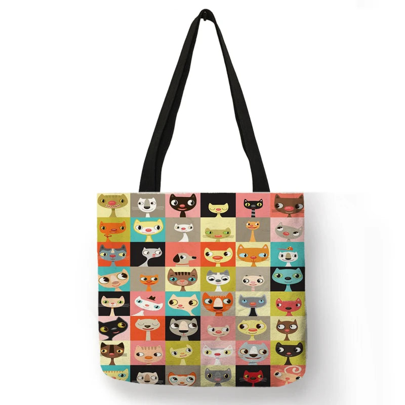Floral Cat Linen Tote Bag