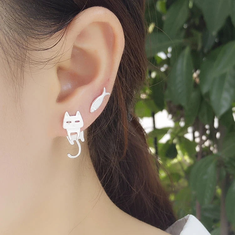 Sterling Silver Cat Fish Stud Earrings