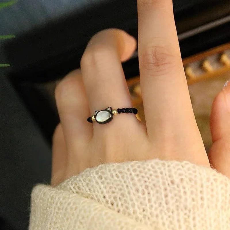 Moonstone Obsidian Cat Ring