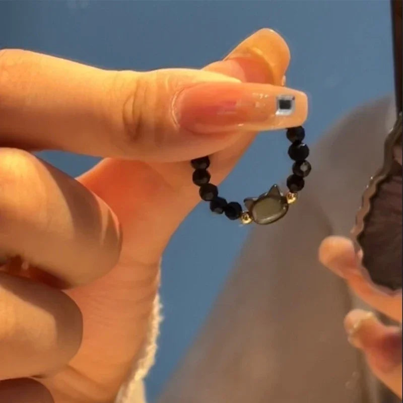 Moonstone Obsidian Cat Ring