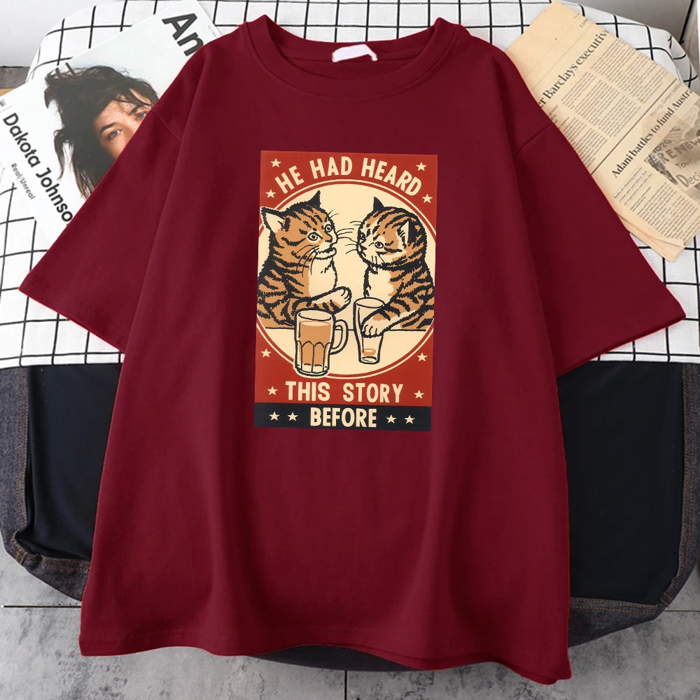 Cute Cat Beer Print T-Shirt