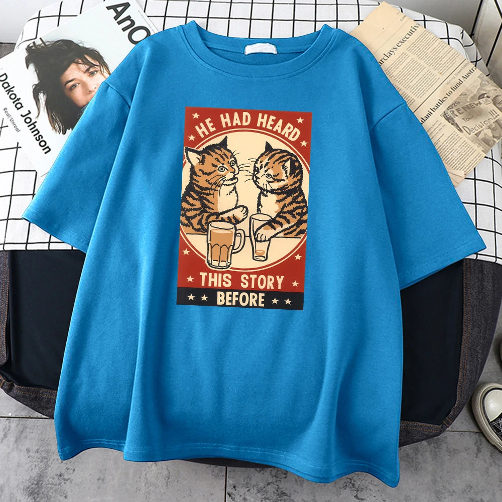 Cute Cat Beer Print T-Shirt